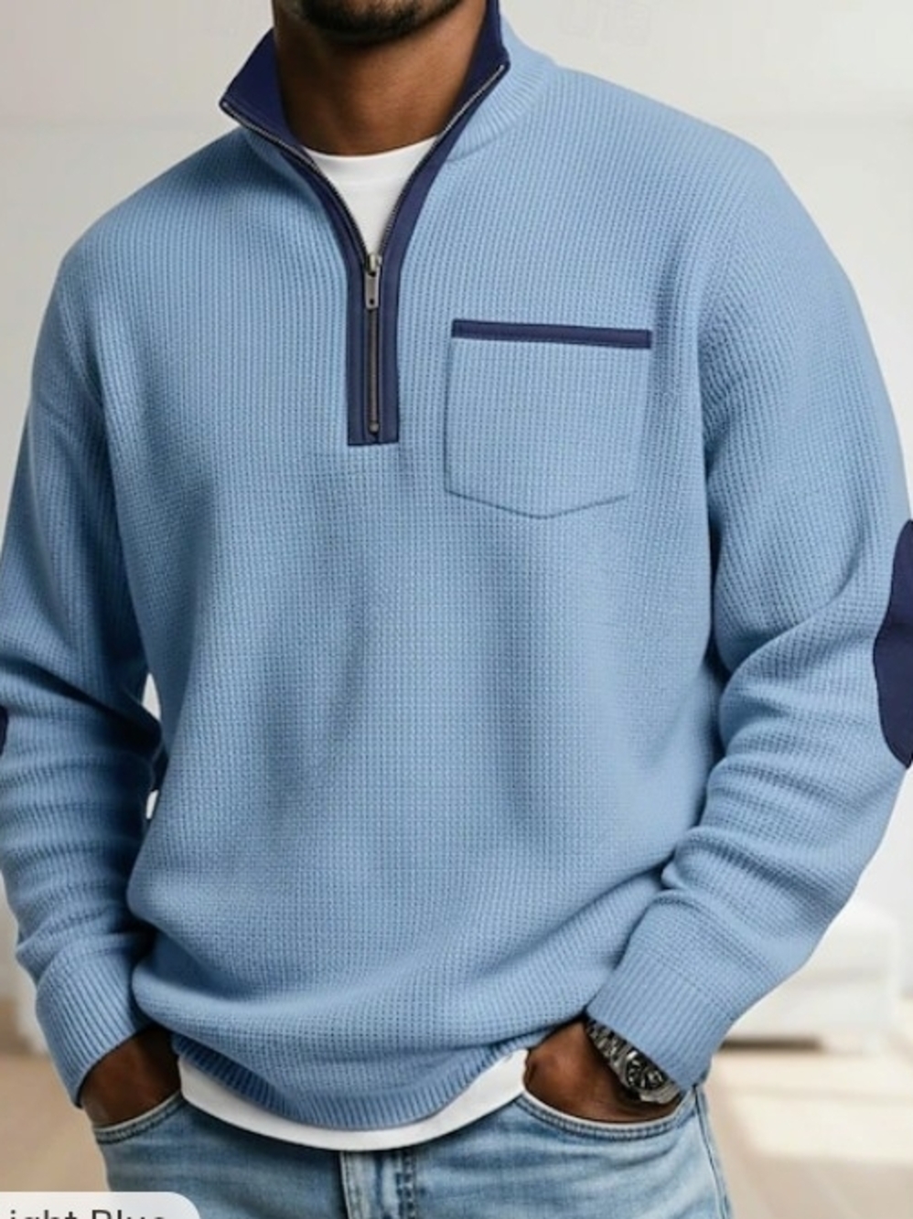 #0017 2 Light Blue And Sage Green Quarter-Zip Waffle Knit Men's Sweater